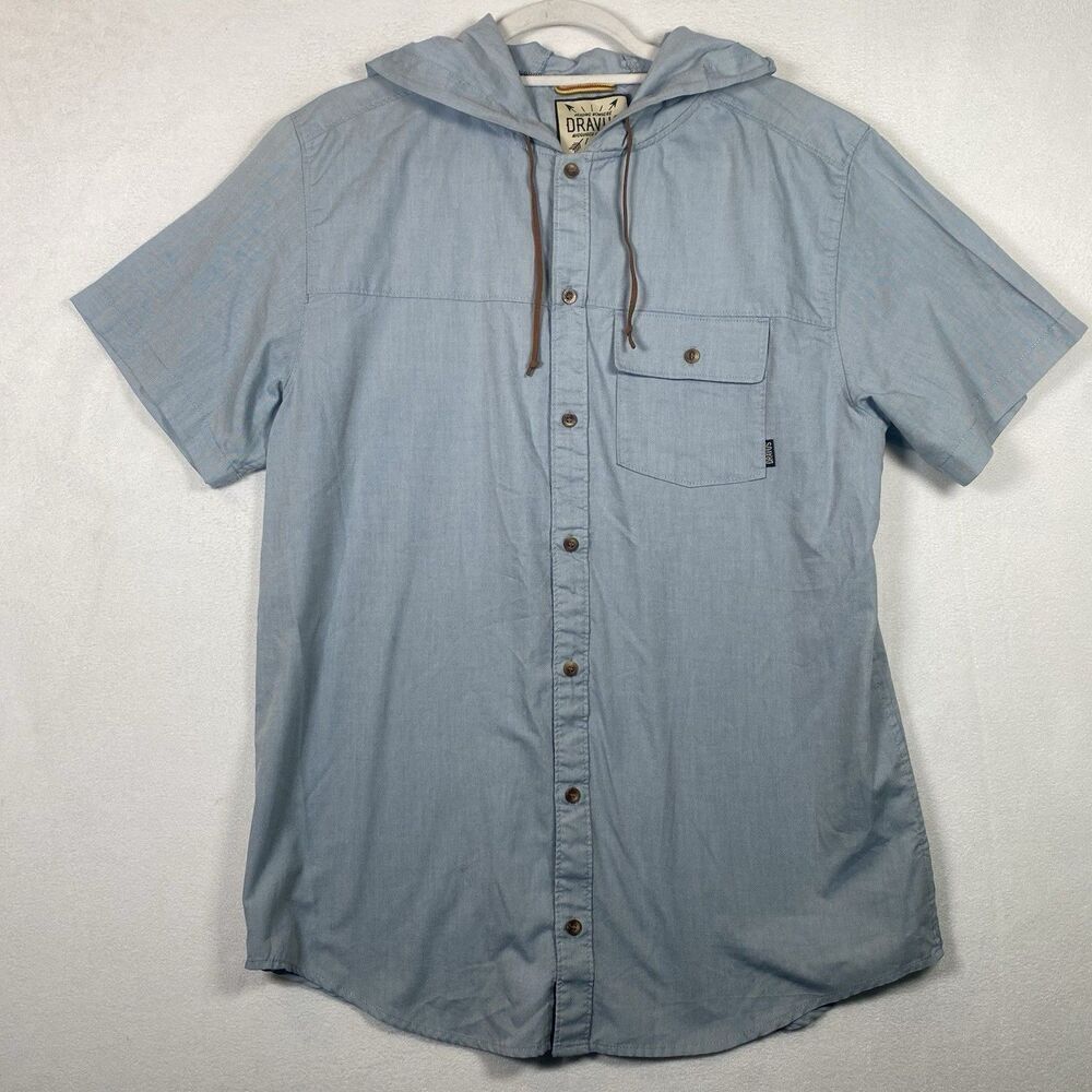 Dravus Hooded Button Down Short Sleeve Shirt Chambray Blue Leather Drawstring